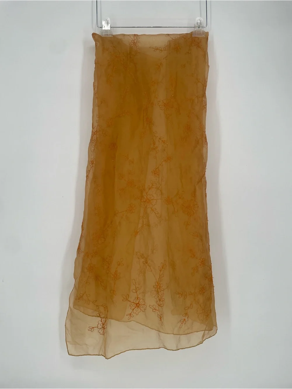 Laila Rowe 100% Silk Golden Orange Large Sheer Organza Embroidered Scarf / Wrap